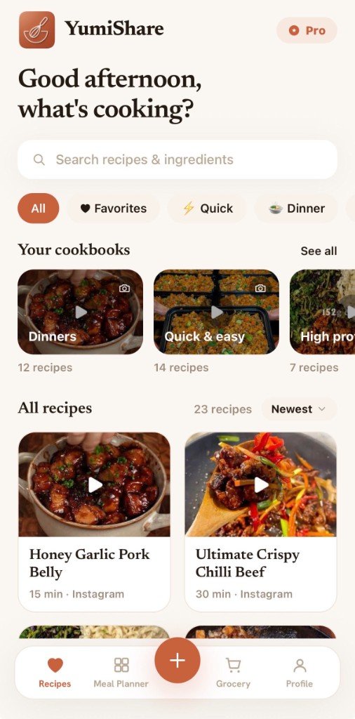 App YumiShare per salvare ricette — ricettario, pianificatore dei pasti e liste della spesa